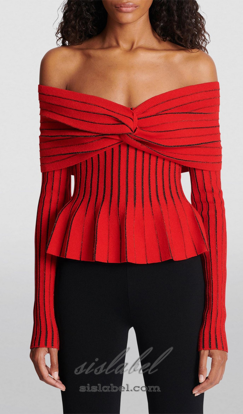 ESTHER KNIT STRIPE RUCHED OFF-SHOULDER TOP