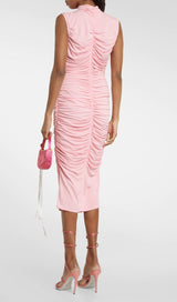 RUCHED APPLIQUÉD MIDI DRESS IN LIGHT PEACH