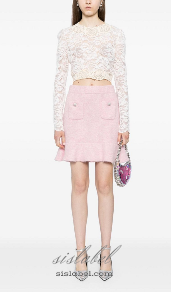 Fluffy rib-knit mini skirt in pink