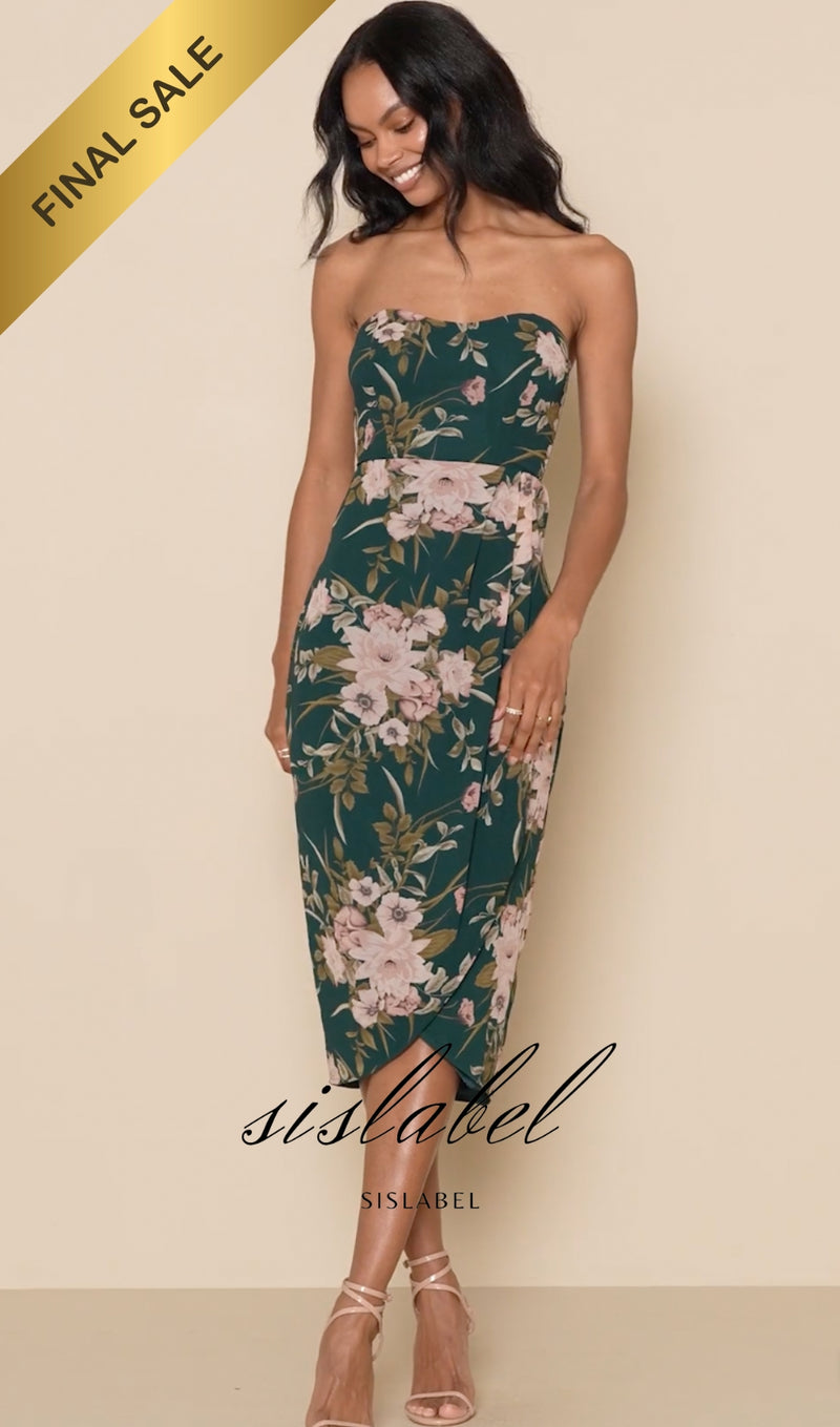 Effortless Charm Hunter Green Floral Strapless Tulip Midi Dress