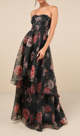 Truly Extraordinary Black Floral Organza Strapless Maxi Dress