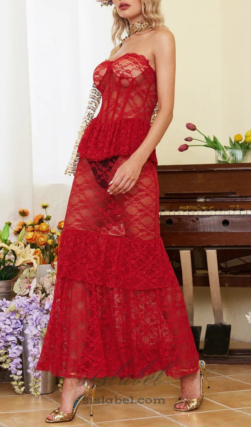 RED STRAPLESS LACE MERMAID DRESS