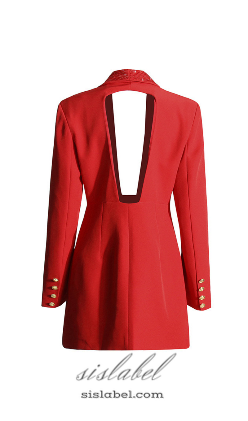 GEORGIA RHINESTONE BUTTON BACKLESS BLAZER IN RED