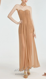 Thea Strapless Mesh Backless maxi Dress in brown