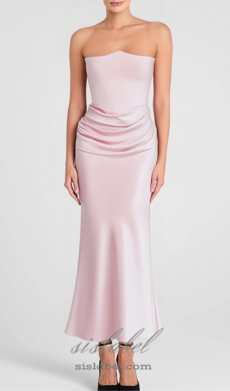 strapless satin corset maxi dress in pink