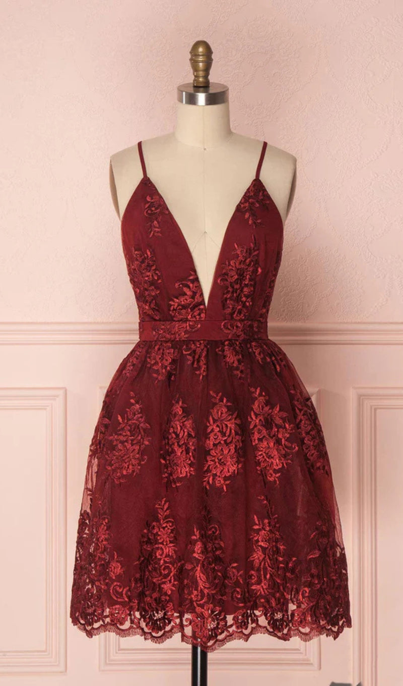 V NECK TULLE LACE SHORT BURGUNDY PROM DRESSES