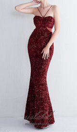 MARIAN BURGUNDY CUTOUT SEQUINS HALTER MAXI DRESS