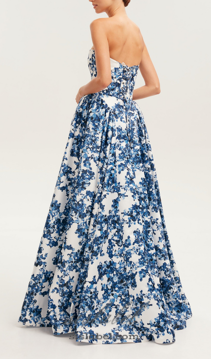 LETITIA BLUE HYDRANGEA STRAPLESS MAXI DRESS