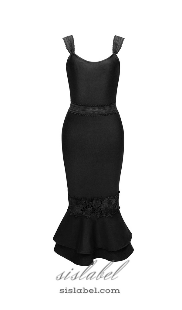 AGATHA MERMAID HEM FLORAL LACE BANDAGE MIDI DRESS IN BLACK