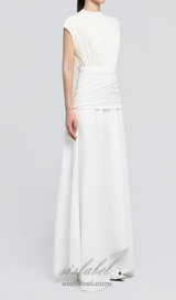 white Waist cross pleats midi dress with asymmetric hemline