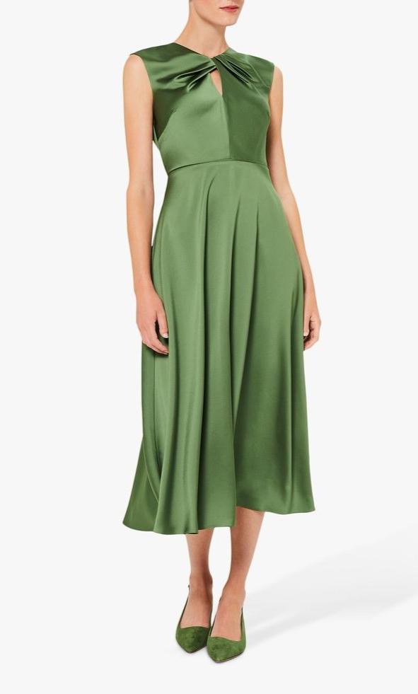 twist neck satin midi dress in green