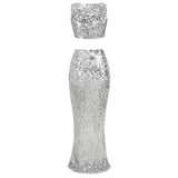 SEQUIN SLIT TWO-PIECE SUIT IN METALLIC SILVER