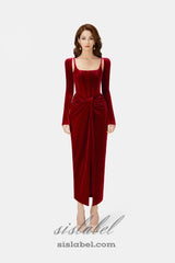 Bordeaux Velvet Draped midi Dress