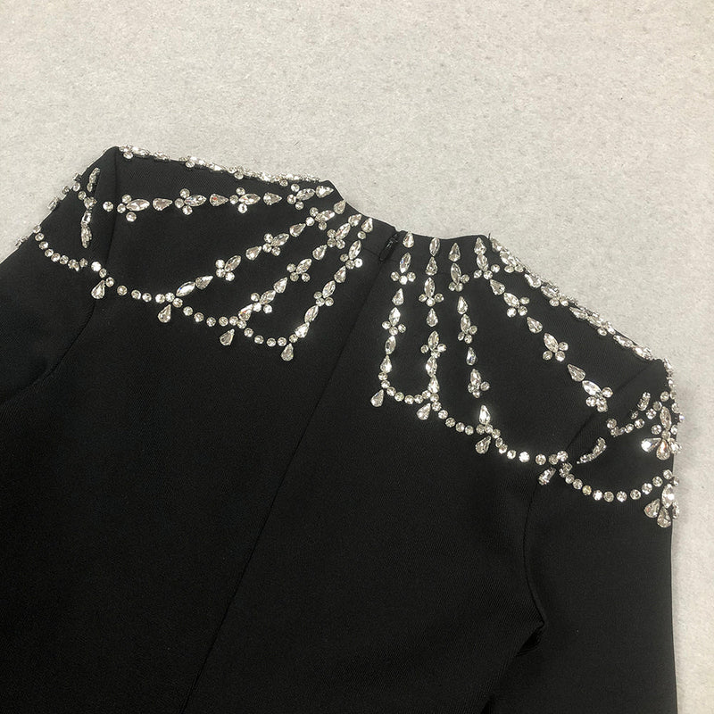 crystal-embellished black long sleeve maxi dress