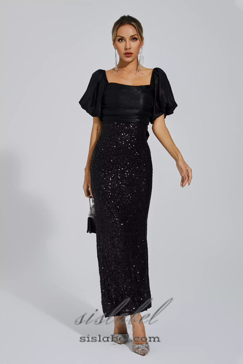 MARIA BLACK BOW SEQUINS EMBELLISHED MAXI DRESS