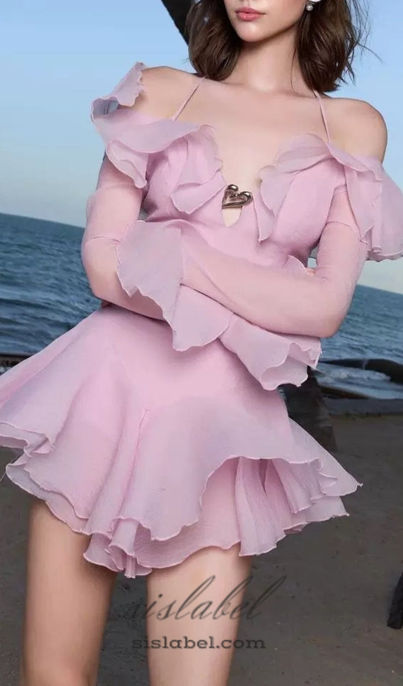 BRANDEE PINK LONG SLEEVE RUFFLE HEM MINI DRESS