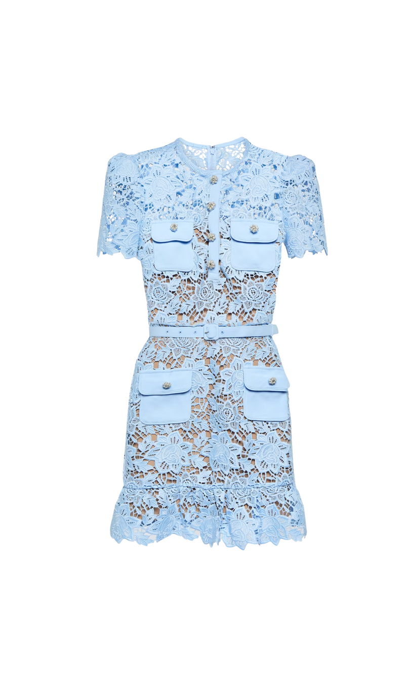 LIGHT BLUE LACE PEPLUM MINI DRESS