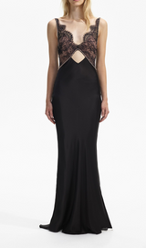 ROBE MAXI EN SATIN DENTELLE NOIRE 