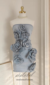 CANTO STRAPLESS FLOWER DENIM MINI DRESS IN BLUE