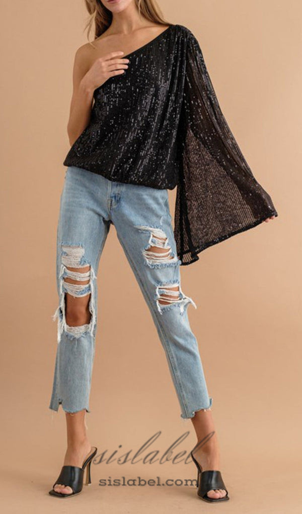 Sequin One Shoulder Bell Sleeve Top