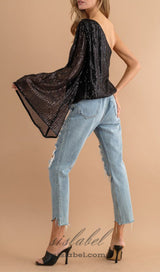 Sequin One Shoulder Bell Sleeve Top