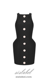 BREENDA BLACK KNITTED MINI DRESS WITH FLOWER BUTTONS