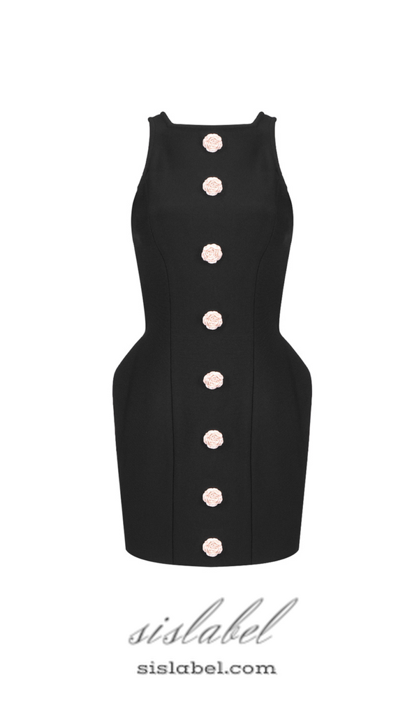 BREENDA BLACK KNITTED MINI DRESS WITH FLOWER BUTTONS