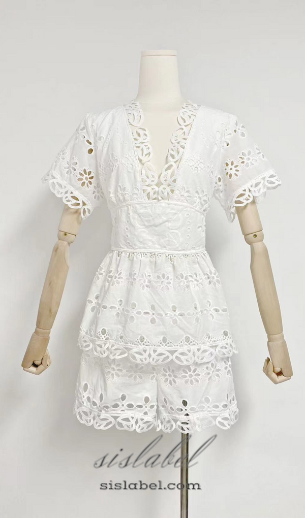 MAGGIE WHITE LAYERED CUT OUT LACE TOP SHORTS SUIT