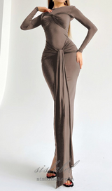 Round neck ribbed knit maxi dress in coffee