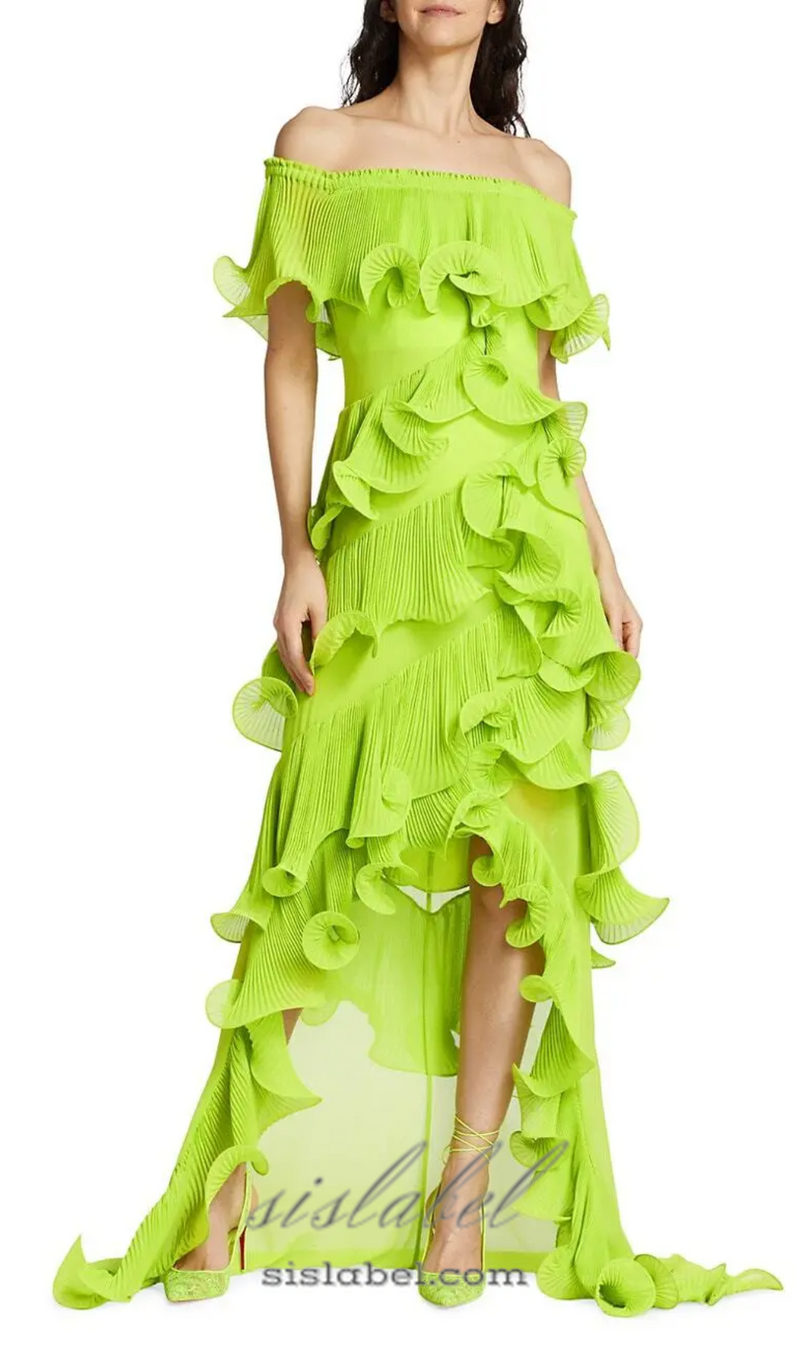 DORA GREEN OFF-SHOULDER PLEATED ORGANZA MAXI DRESS