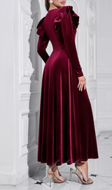 IRMA BURGUNDY V-NECK RUFFLE TRIM EMBELLISHED VELVET MAXI DRESS