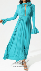 ERIN LANTERN SLEEVE HIGH COLLAR FLOWER SLIT MIDI DRESS IN BLUE