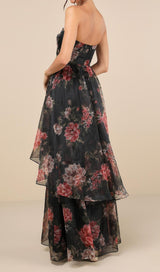 Truly Extraordinary Black Floral Organza Strapless Maxi Dress