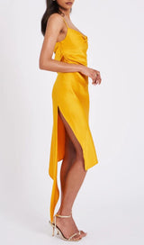 ORANGE SATIN DRAPING MIDI DRESS