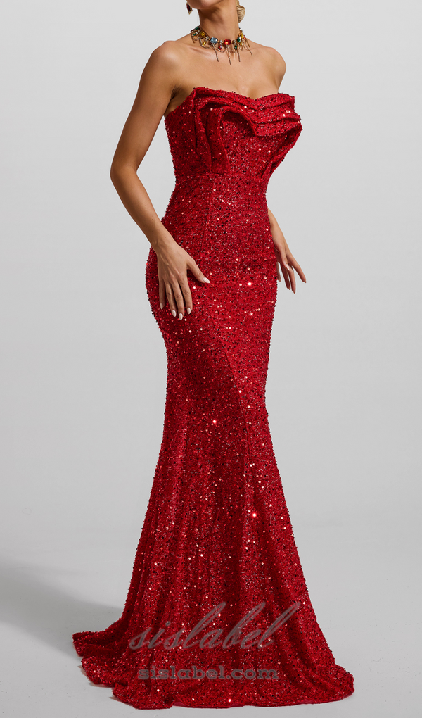 HELOISE RED SEQUIN STRAPLESS LARGE HEMLINE MAXI DRESS