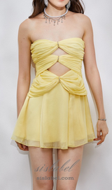 CUT-OUT PLEATED OFF-SHOULDER MINI DRESS IN YELLOW