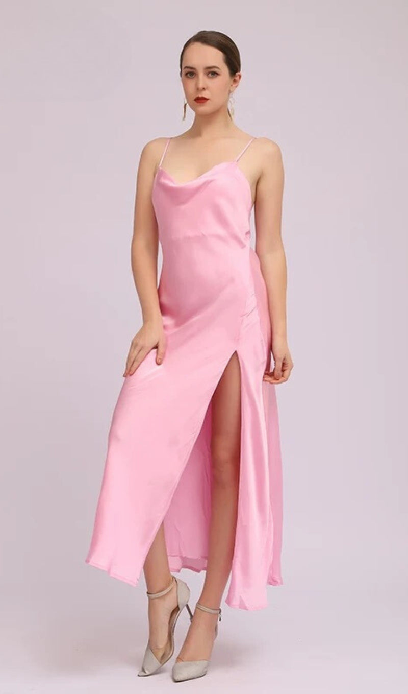 SATIN SLIT MIDI DRESS IN PINK