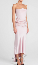 strapless satin corset maxi dress in pink