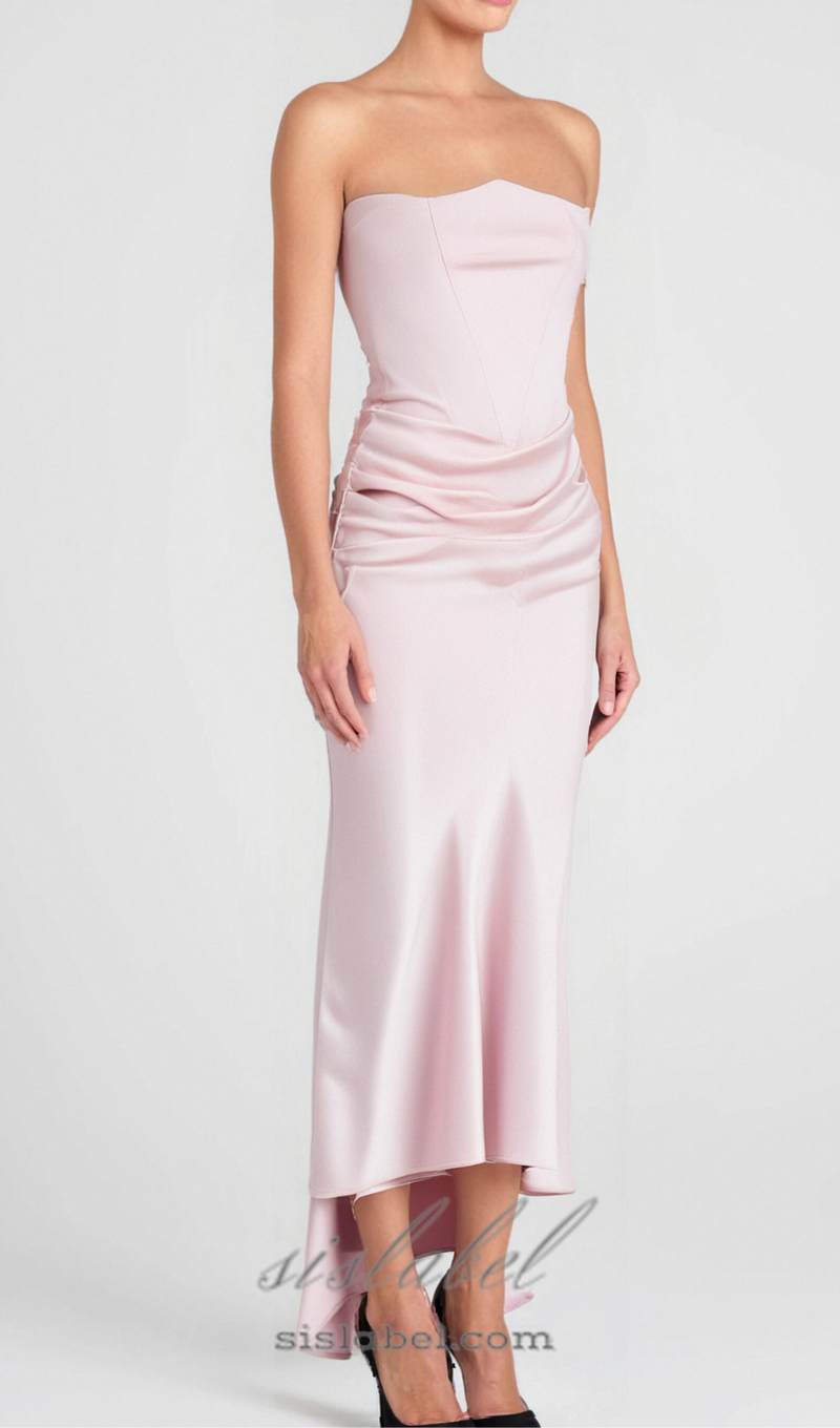 strapless satin corset maxi dress in pink