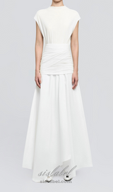 white Waist cross pleats midi dress with asymmetric hemline