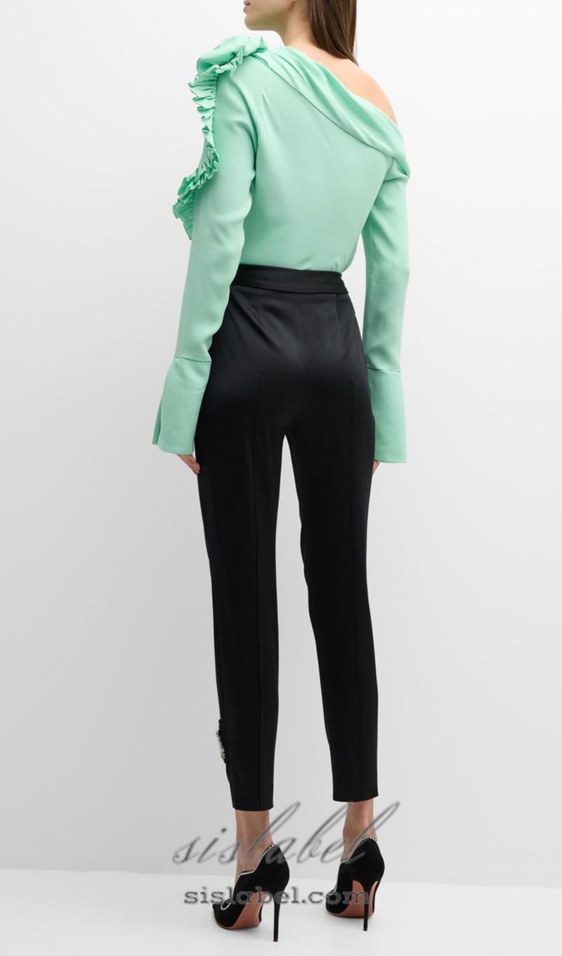 BELLE GREEN RUFFLE ROSETTE ONE-SHOULDER CROP TOP