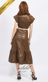 FAUX LEATHER CUT OUT MIDI DRESS IN DARK BROWN