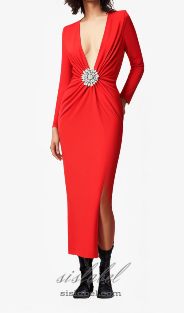 BERNICE LONG SLEEVE DRAPED EMBELLISHED MAXI DRESS IN RED