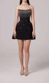 CRYSTAL BEADING STRAPLESS MINI DRESS IN BLACK