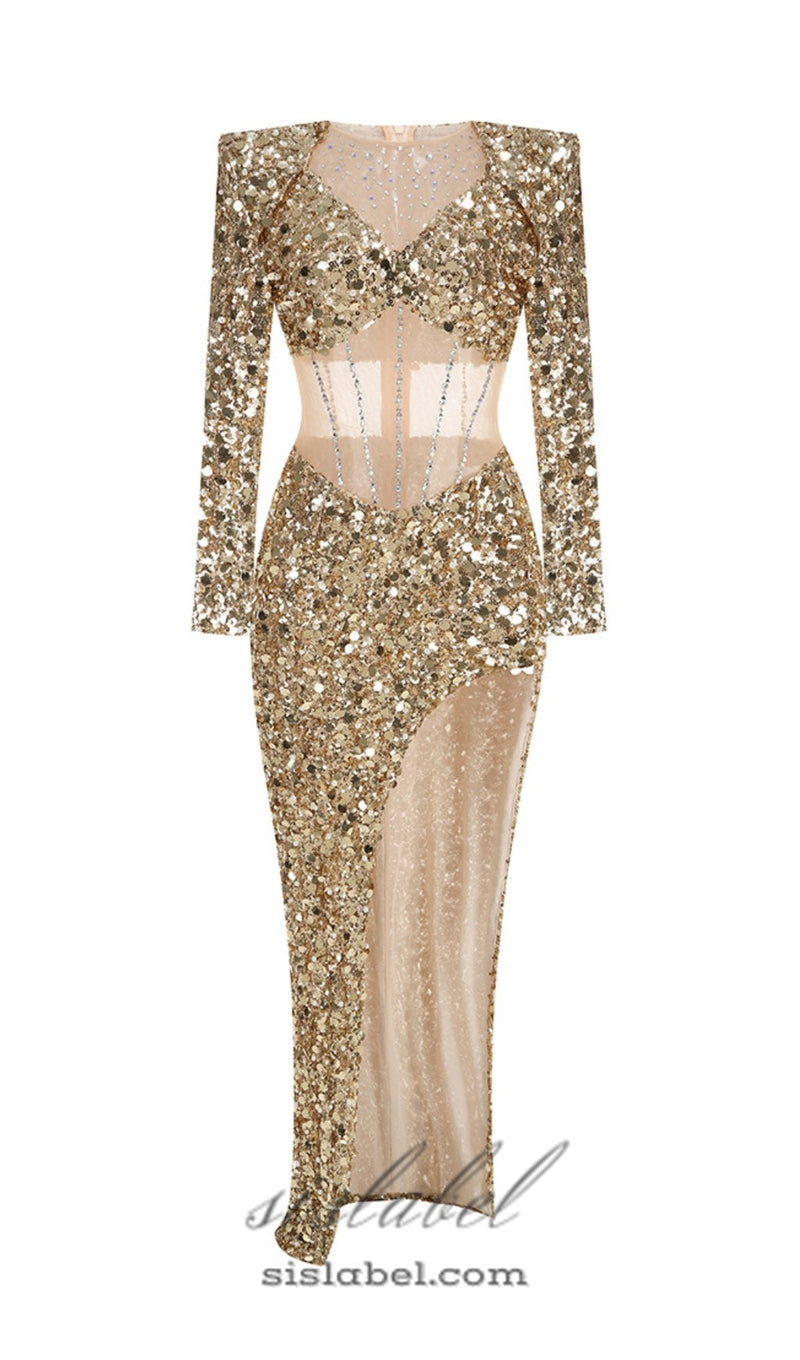 sequin long sleeve maxi dress in gold