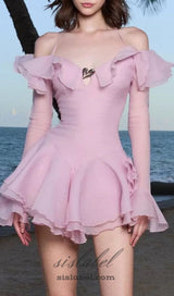 BRANDEE PINK LONG SLEEVE RUFFLE HEM MINI DRESS