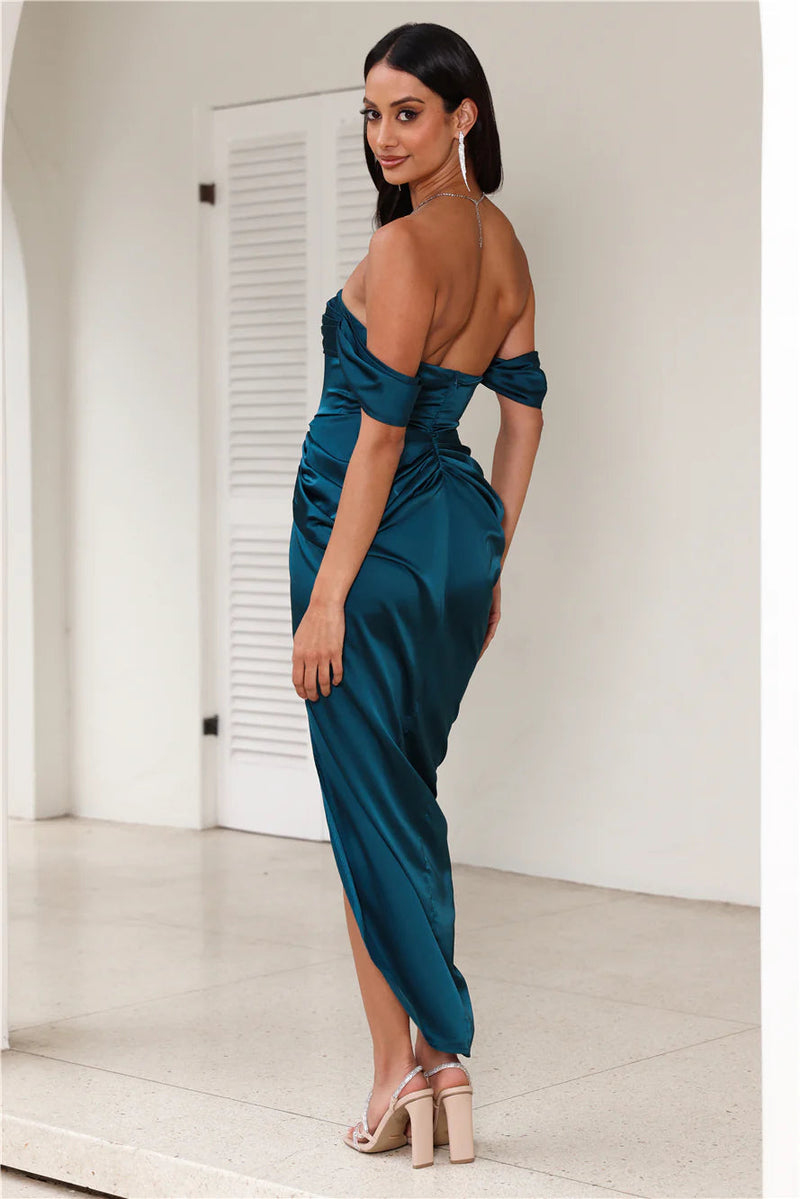 strapless satin midi dress in teal