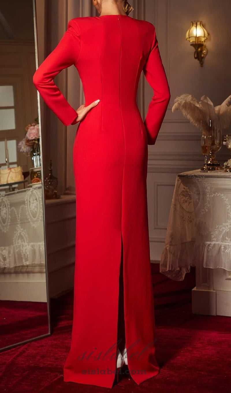 long sleeve heart cutout maxi dress in red