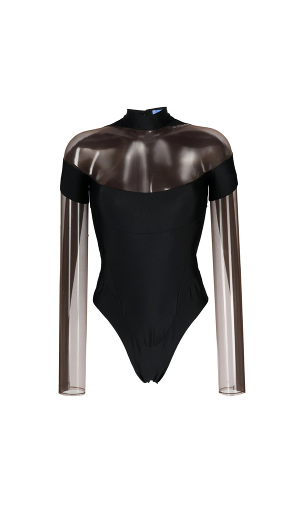 SCHWARZER BODYSUIT MIT ILLUSION-AUSSCHNITT