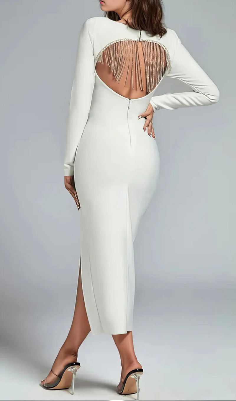 TASSEL CUT OUT MIDI DRESS IN WHITE